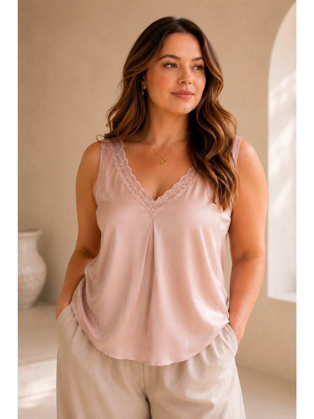 Kate Hill 100% Silk Lace Trim Camisole Tank Top Pink 20W Luxury Basic